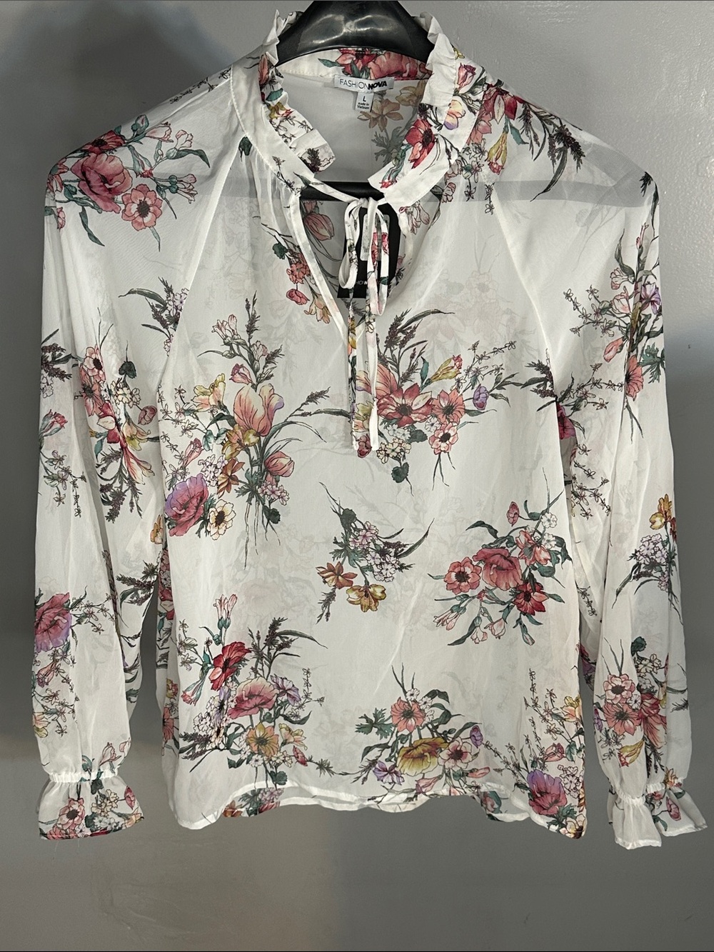 Fashion Nova White Floral Ruffle Tie-Front Blouse